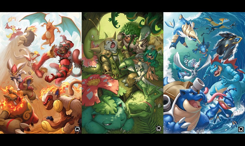 charizard, cinderace, venusaur, greninja, primarina, and 19 more (pokemon) drawn by kuroi-tsuki