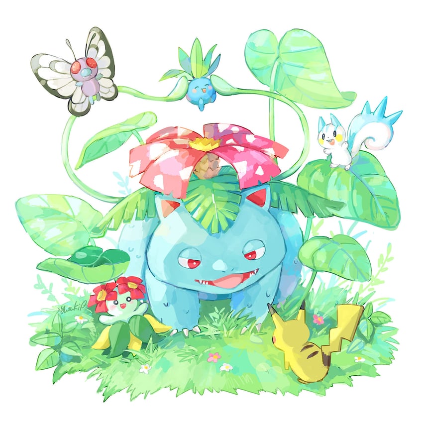 pikachu, pachirisu, venusaur, oddish, butterfree, and 1 more (pokemon) drawn by yutukicom