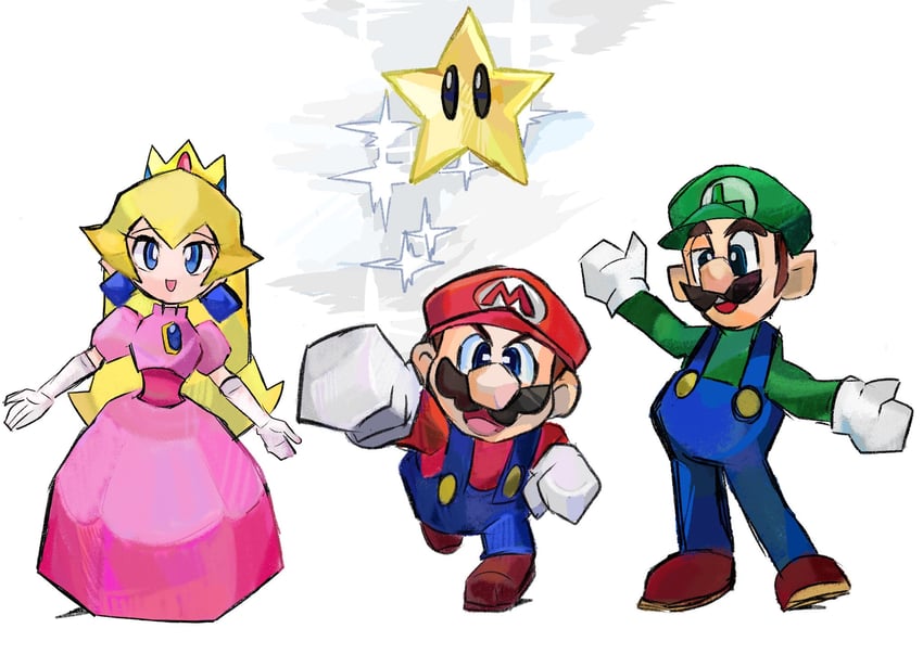 princess peach, mario, and luigi (mario and 2 more) drawn by rakugaki_shitagari-ya