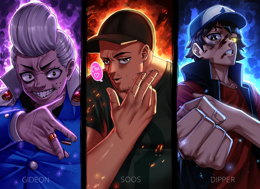 dipper pines, soos ramirez, and gideon gleeful (jujutsu kaisen and 1 more) drawn by rageman709
