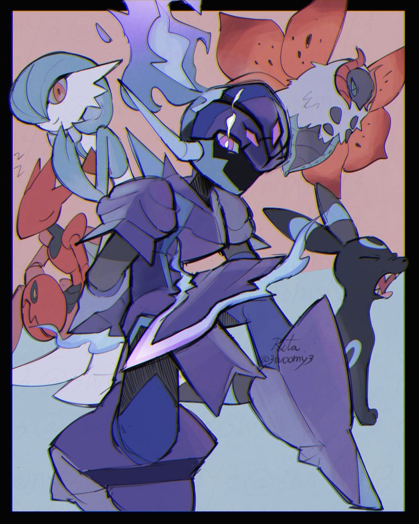 gardevoir, umbreon, scizor, volcarona, and ceruledge (pokemon) drawn by 3woomy3