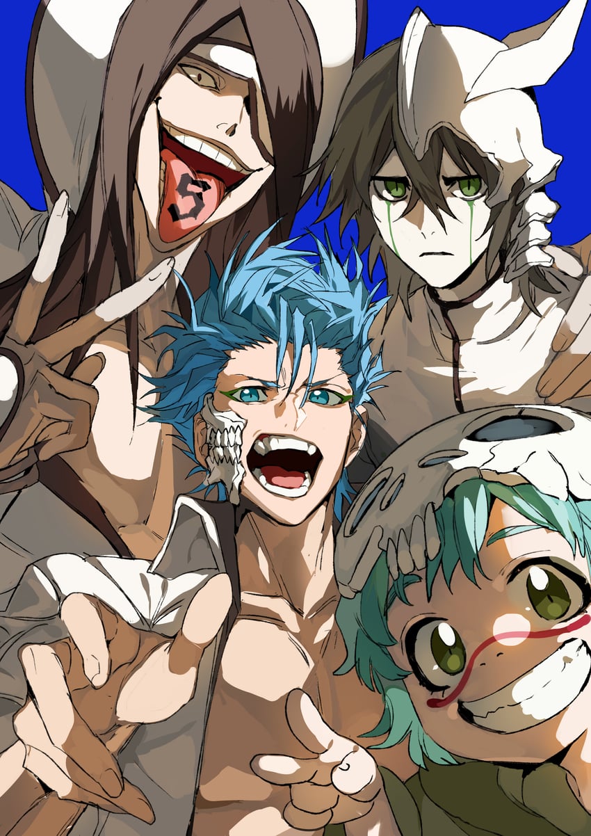 nelliel tu odelschwanck, grimmjow jaegerjaquez, ulquiorra cifer, and nnoitra gilga (bleach) drawn by xi_luo_an_ya