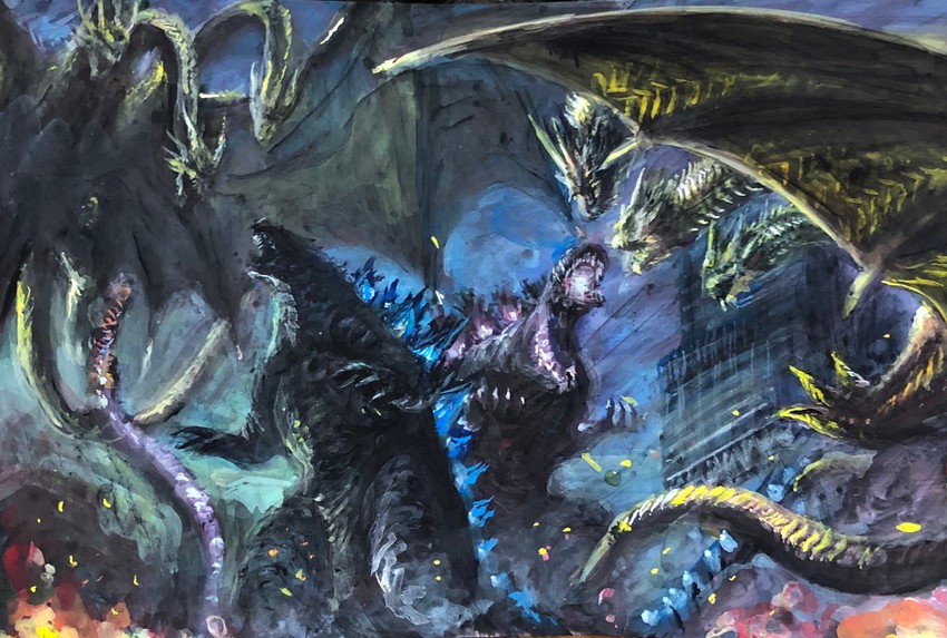 godzilla, king ghidorah, and ghidorah (shin godzilla and 3 more) drawn by g.n.a