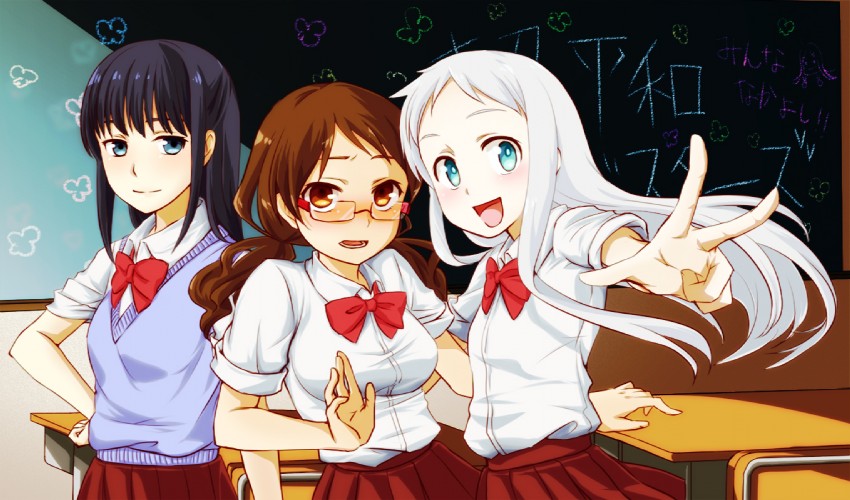 honma meiko, anjou naruko, and tsurumi chiriko (ano hi mita hana no namae wo bokutachi wa mada shiranai.) drawn by mishiyomi_kazumi