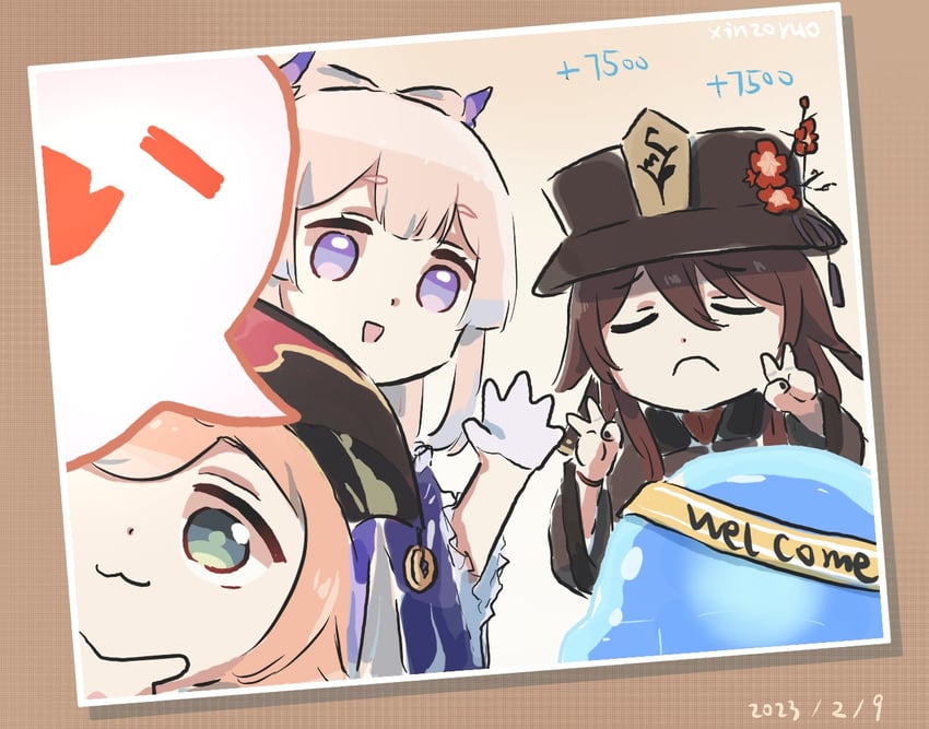 hu tao, boo tao, sangonomiya kokomi, and yanfei (genshin impact) drawn by xinzoruo