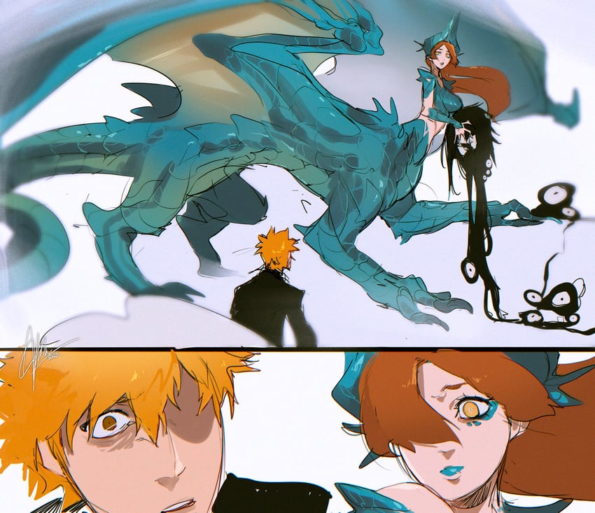 inoue orihime, kurosaki ichigo, and yhwach (bleach and 1 more) drawn by itsalpha