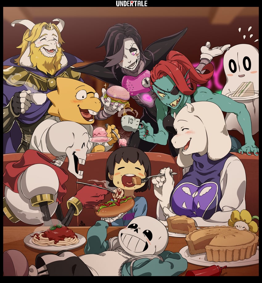 frisk, sans, papyrus, undyne, toriel, and 6 more (undertale) drawn by kamezaemon