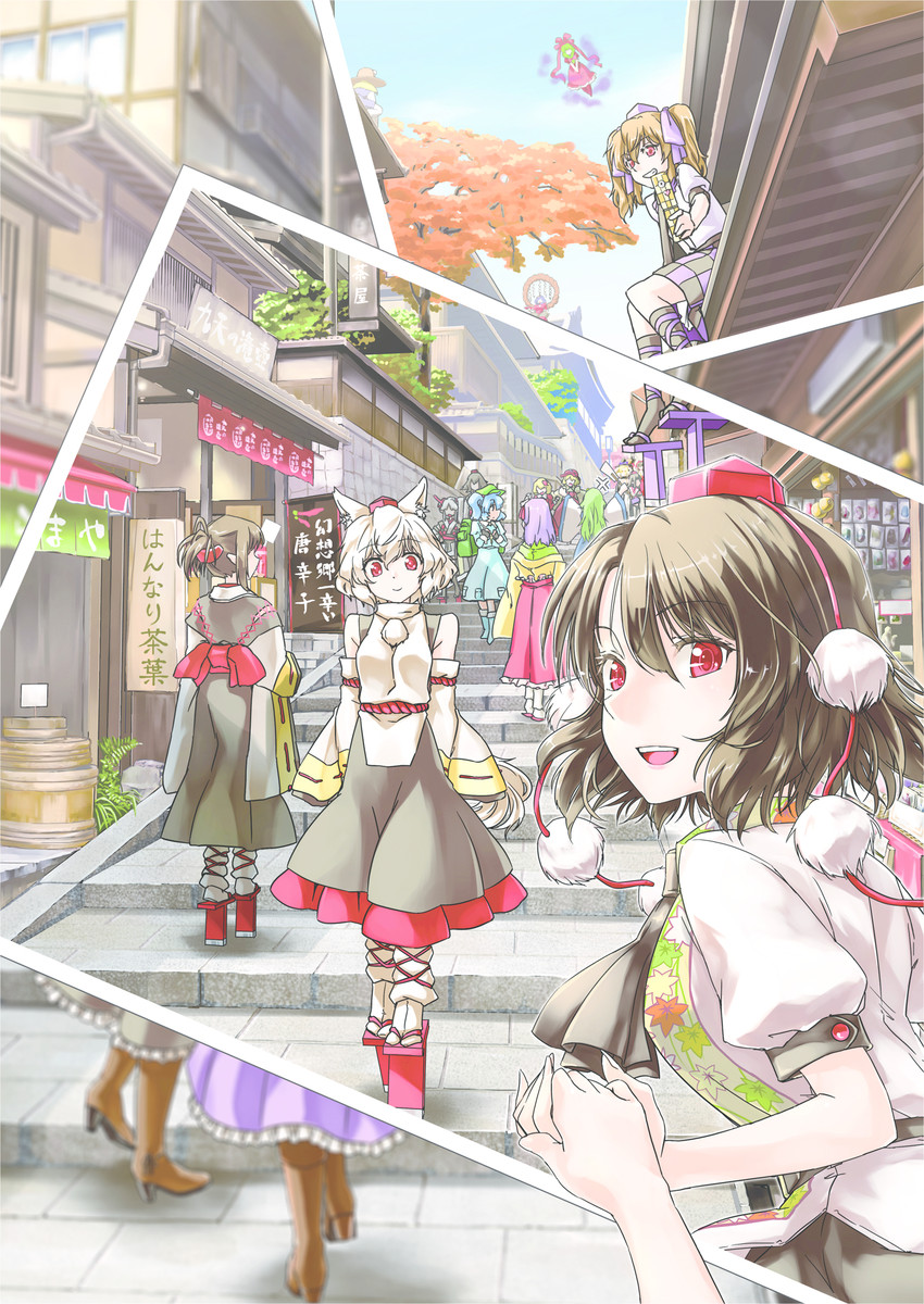 hakurei reimu, kirisame marisa, kochiya sanae, shameimaru aya, inubashiri momiji, and 10 more (touhou) drawn by abo_(hechouchou)