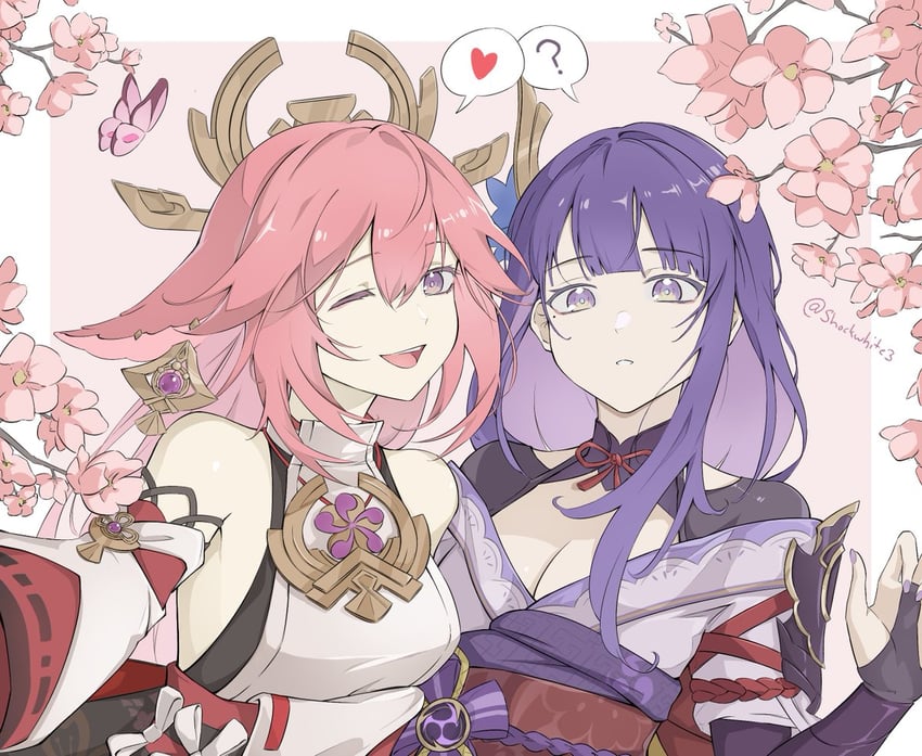 raiden shogun and yae miko (genshin impact) drawn by shockwhite3