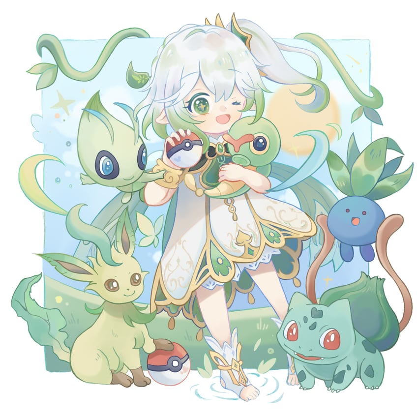 nahida, bulbasaur, leafeon, celebi, oddish, and 1 more (pokemon and 1 more) drawn by arri_(arrihare)