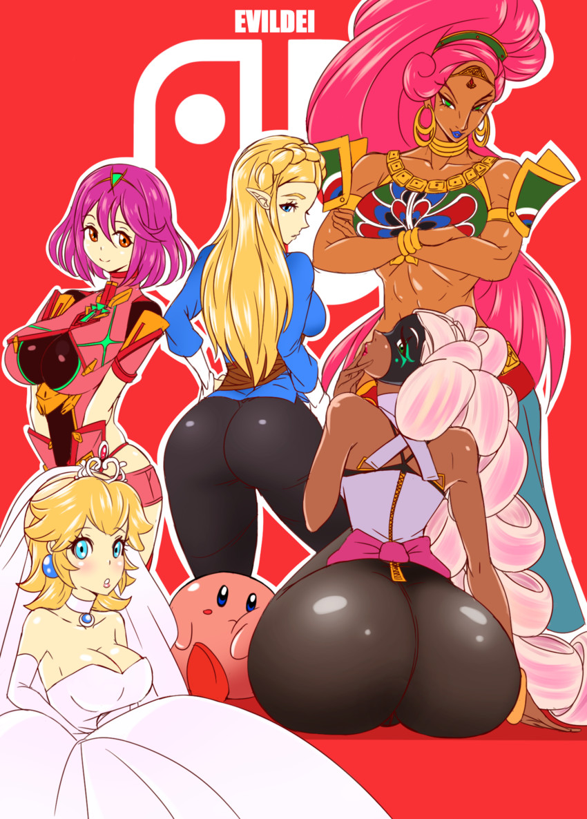 princess zelda, pyra, kirby, princess peach, urbosa, and 1 more (the legend of zelda and 8 more) drawn by evil-dei
