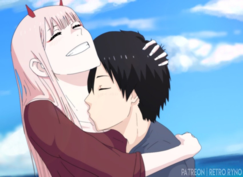 zero two and hiro (darling in the franxx) drawn by retro_ryno