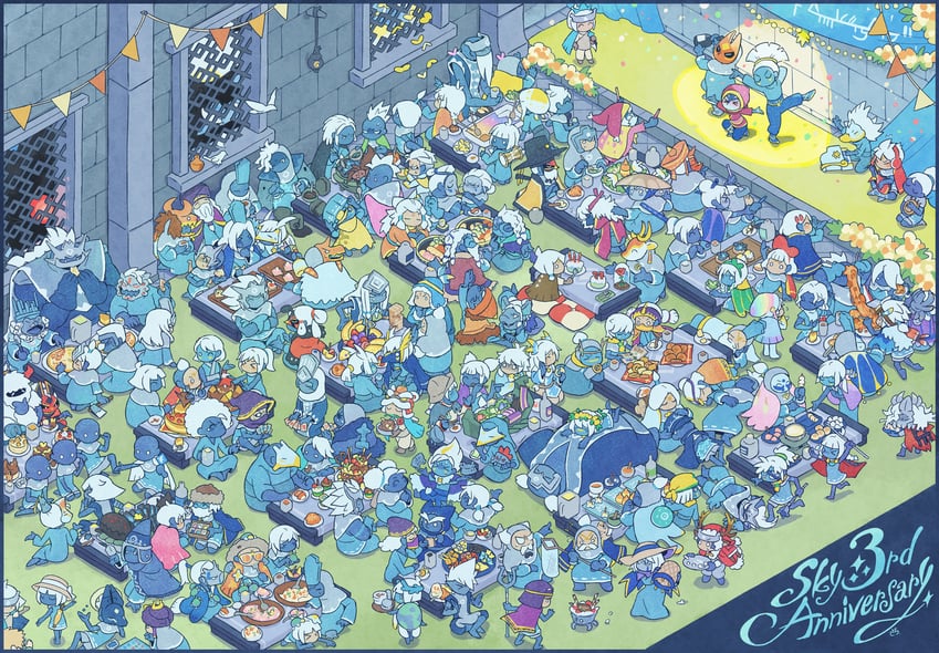 sky child, grateful shell collector, timid bookworm, snoozing carpenter, prophet of water, and 132 more (sky: children of the light) drawn by aizawa_sachi