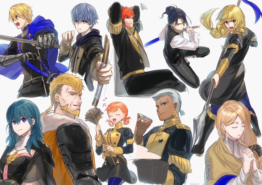 female byleth, dimitri alexandre blaiddyd, ingrid brandl galatea, sylvain jose gautier, mercedes von martritz, and 5 more (fire emblem and 1 more) drawn by futabaaf