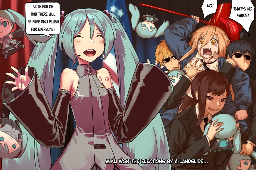 hatsune miku, power, denji, higashiyama kobeni, and hayakawa aki (vocaloid and 1 more) drawn by haraya_manawari