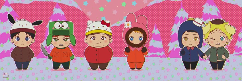 hello kitty, stan marsh, kenny mccormick, kyle broflovski, eric cartman, and 2 more (sanrio and 2 more) drawn by pantygnomes