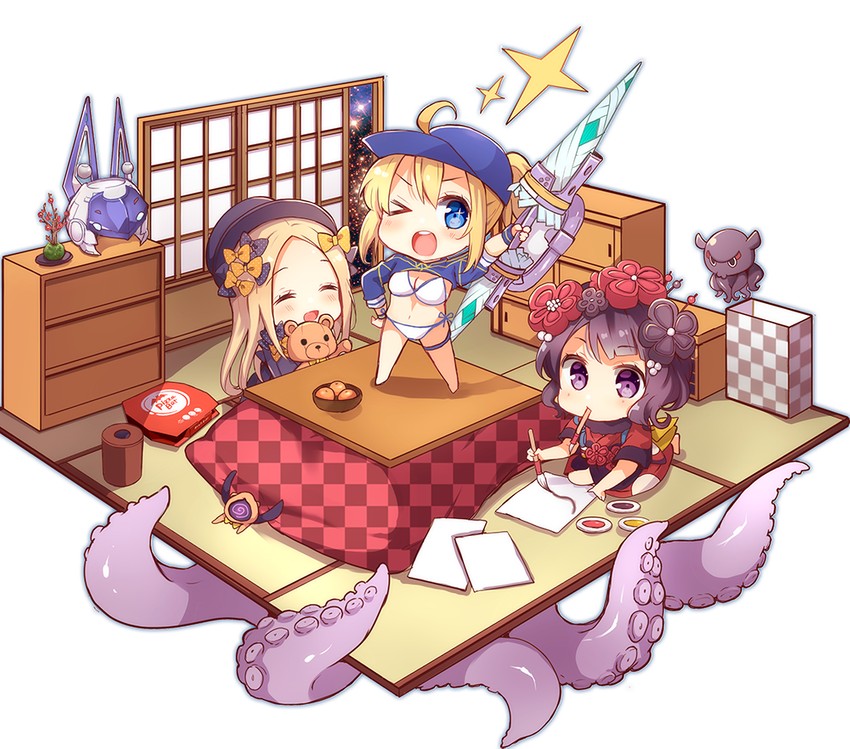 artoria pendragon, abigail williams, katsushika hokusai, mysterious heroine xx, and tokitarou (fate and 2 more) drawn by shiroi_hakuto