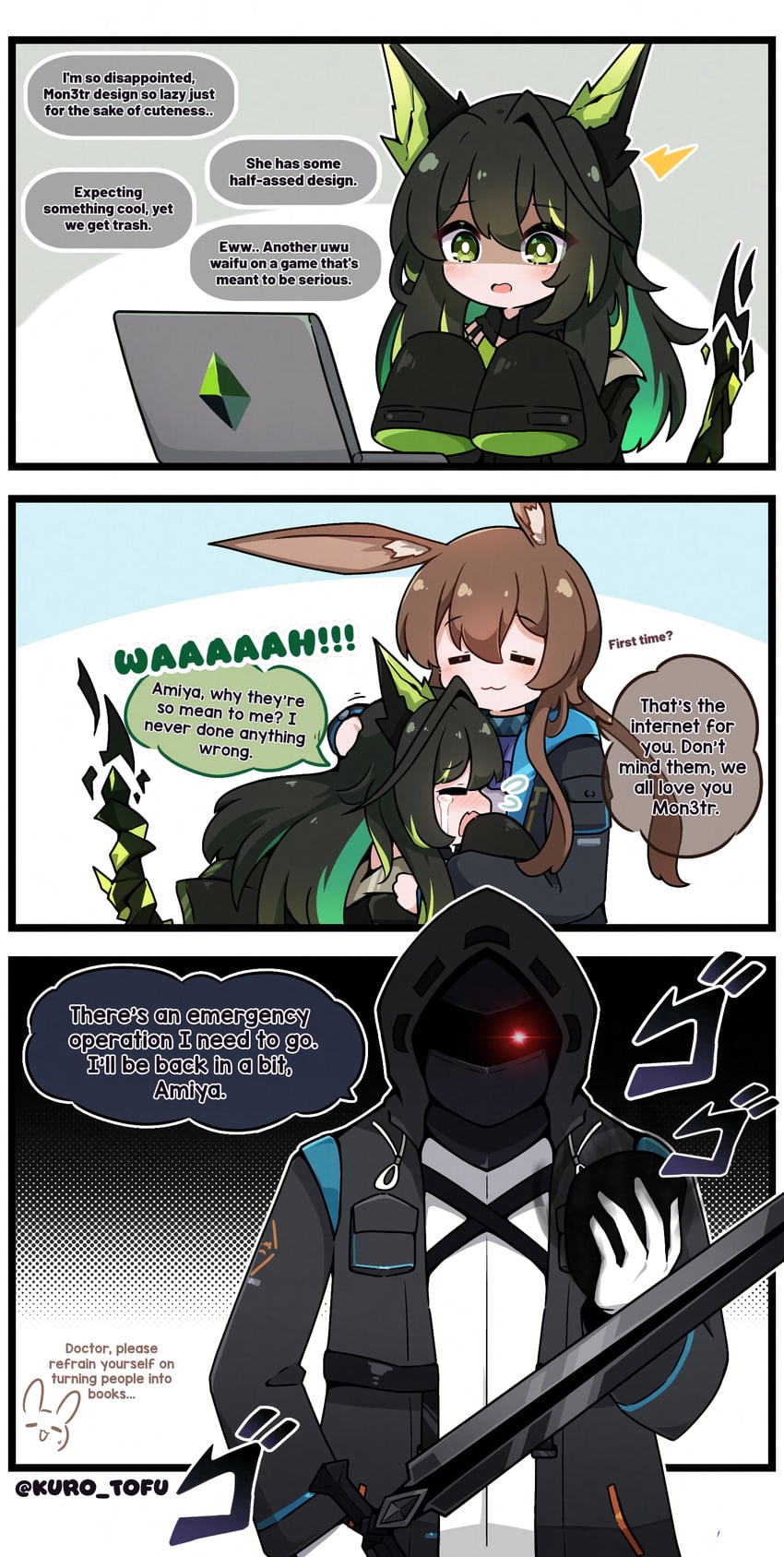 doctor, amiya, mon3tr, and roland (arknights and 2 more) drawn by kurotofu