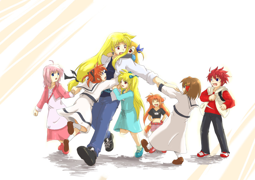 fate testarossa, takamachi nanoha, yagami hayate, vivio, caro ru lushe, and 3 more (lyrical nanoha and 2 more) drawn by hajiro