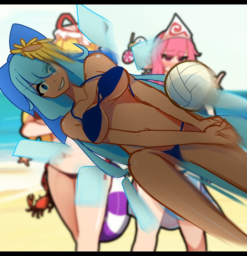 cirno, yakumo yukari, saigyouji yuyuko, and tanned cirno (touhou) drawn by kaliningradg