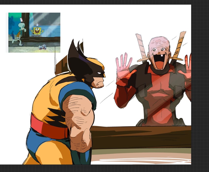 wolverine, deadpool, spongebob squarepants, and squidward tentacles (marvel and 4 more) drawn by jeto_(jetopyon)