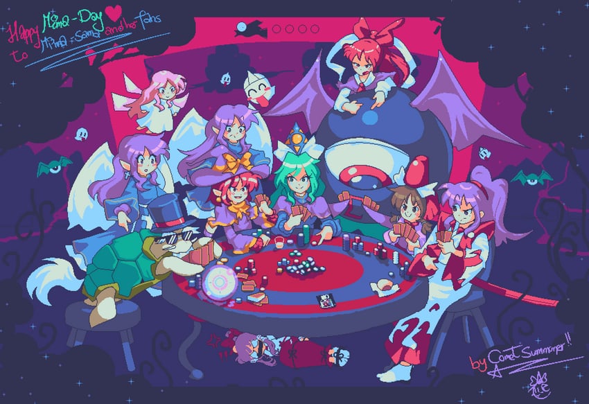 hakurei reimu, kirisame marisa, mima, meira, rika, and 7 more (touhou and 1 more) drawn by comet_summoner98