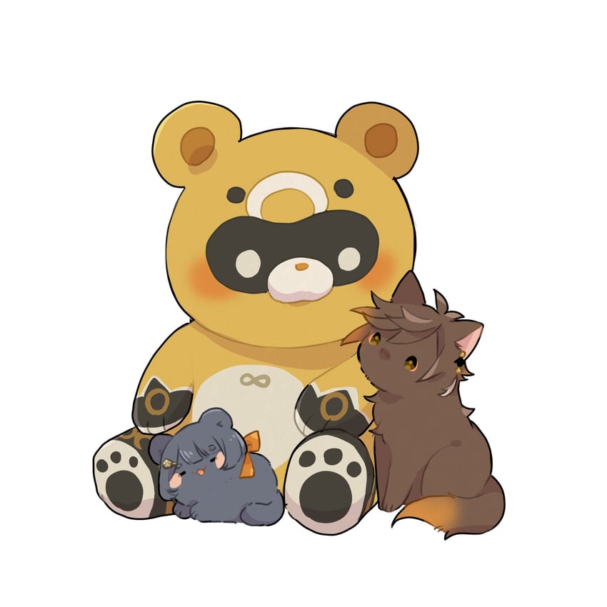 zhongli, xiangling, and guoba (genshin impact) drawn by nasuka_gee