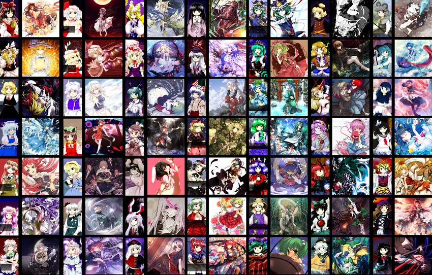 hakurei reimu, kirisame marisa, remilia scarlet, flandre scarlet, izayoi sakuya, and 44 more (touhou) drawn by zun_(artist)