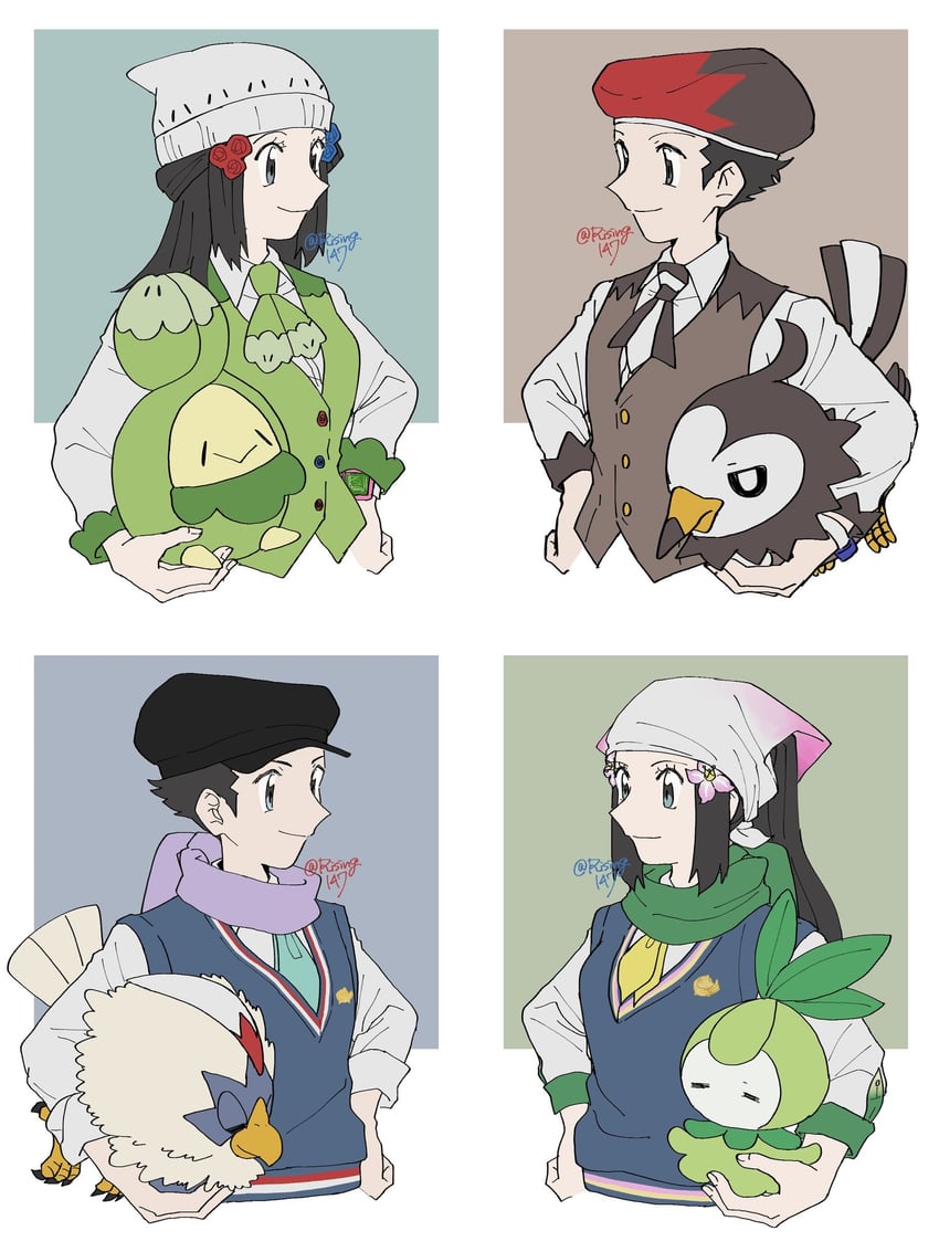 dawn, akari, lucas, budew, starly, and 3 more (pokemon and 3 more) drawn by rising147