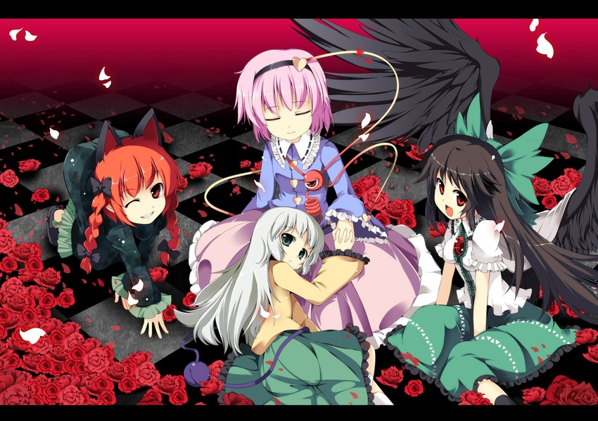 komeiji koishi, komeiji satori, kaenbyou rin, and reiuji utsuho (touhou) drawn by fujy