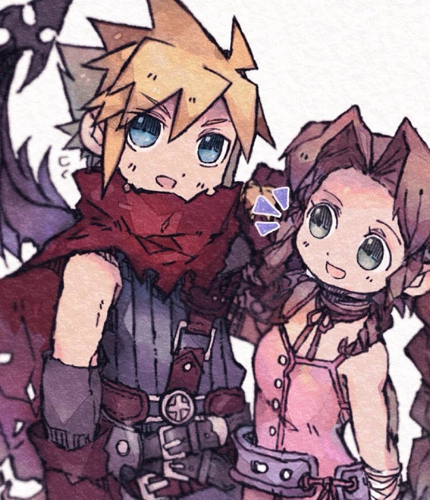 cloud strife and aerith gainsborough (final fantasy and 3 more) drawn by ankomochi_(tomatoaaa)