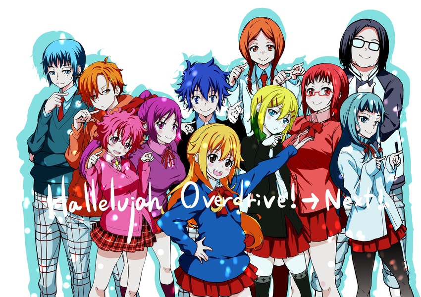 kumori touya, makime wakaba, utsugi haru, asakura kosame, midou kaede, and 6 more (hallelujah overdrive!) drawn by takata_koutarou