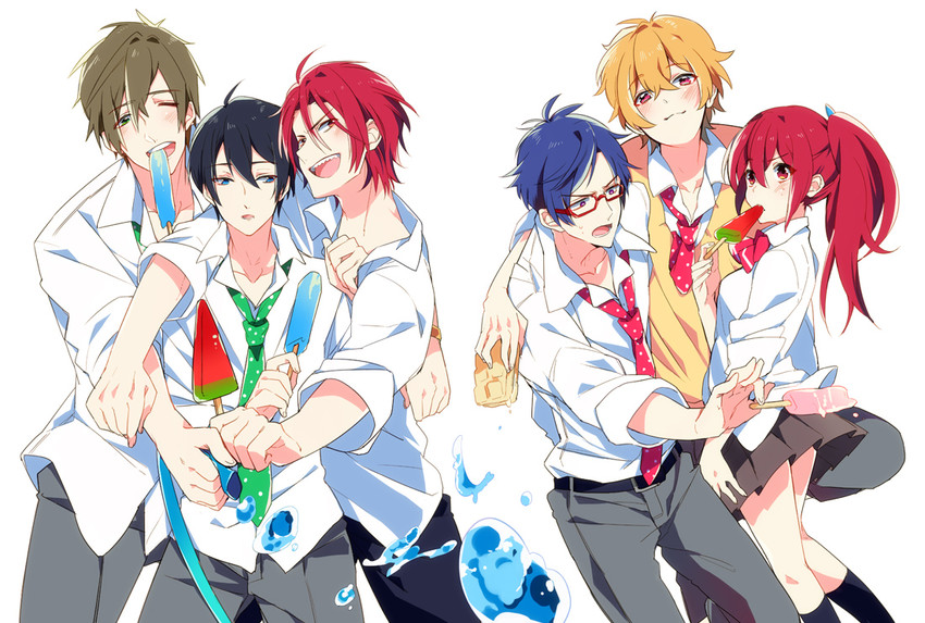 tachibana makoto, nanase haruka, matsuoka rin, matsuoka gou, hazuki nagisa, and 1 more (free!) drawn by guru_(nicocco)