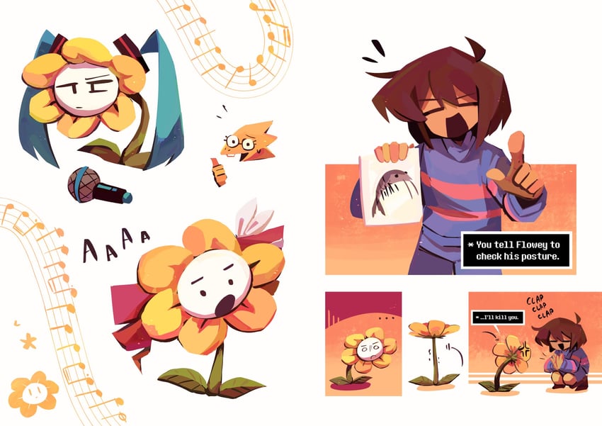 hatsune miku, kasane teto, frisk, flowey, and alphys (vocaloid and 3 more) drawn by st4ngray