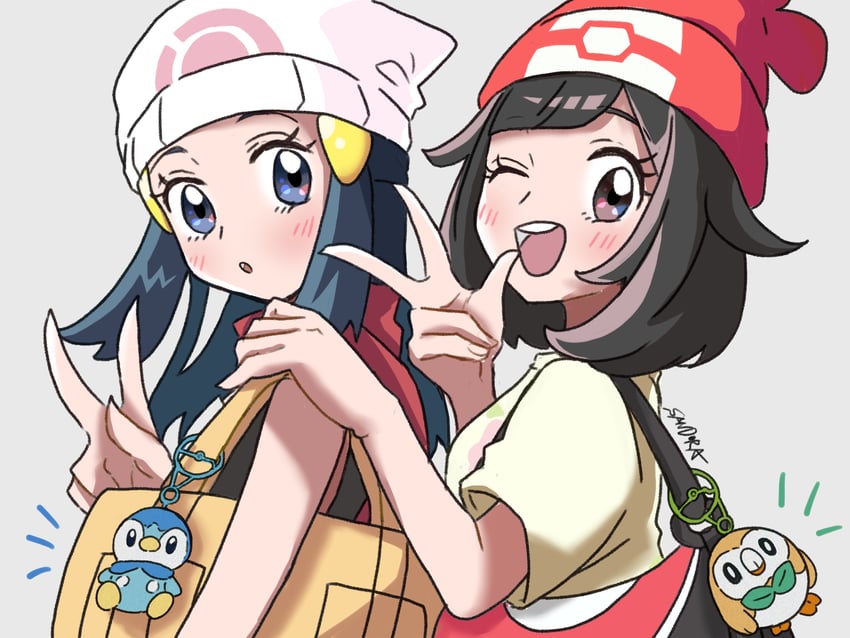 dawn, selene, rowlet, and piplup (pokemon and 2 more) drawn by sandora_(karugamo_no_e)