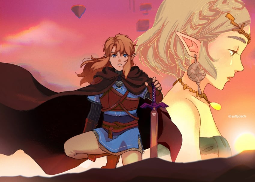 link and princess zelda (the legend of zelda and 1 more) drawn by softp3ach