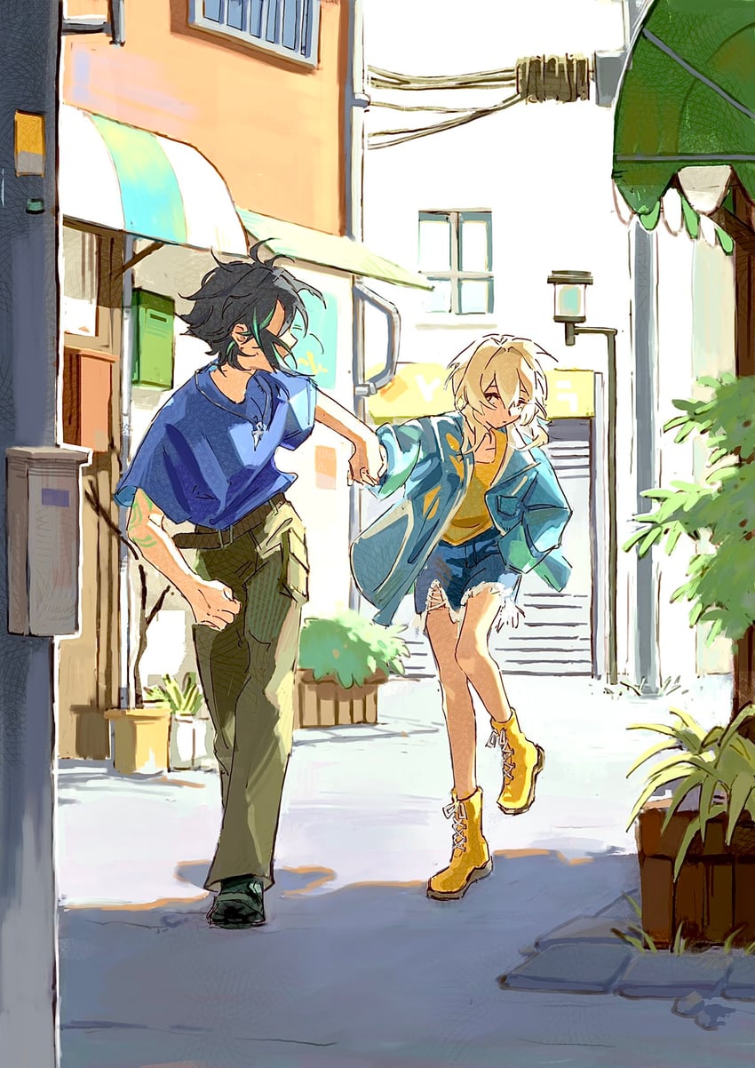 lumine and xiao (genshin impact) drawn by n.s.egg