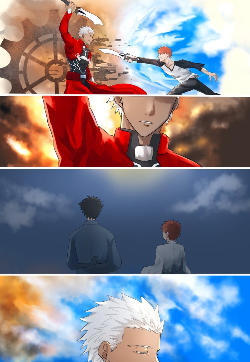 emiya shirou, archer, and emiya kiritsugu (fate and 2 more) drawn by renkon_eko