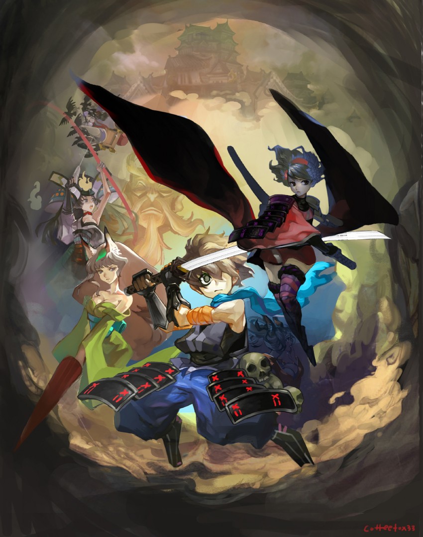 momohime, kongiku, yuzuruha, kisuke, torahime, and 1 more (oboro muramasa) drawn by coffeefox33
