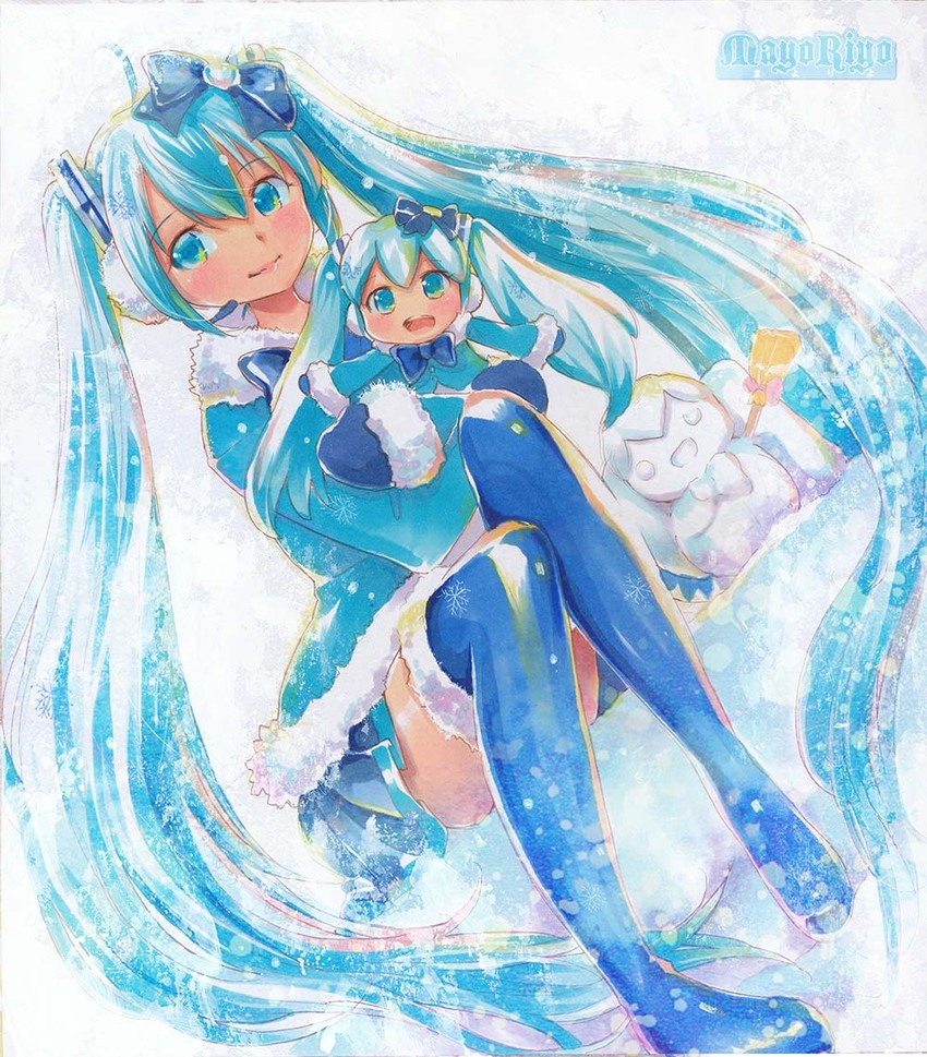 hatsune miku, yuki miku, and chibi miku (vocaloid) drawn by mayo_riyo