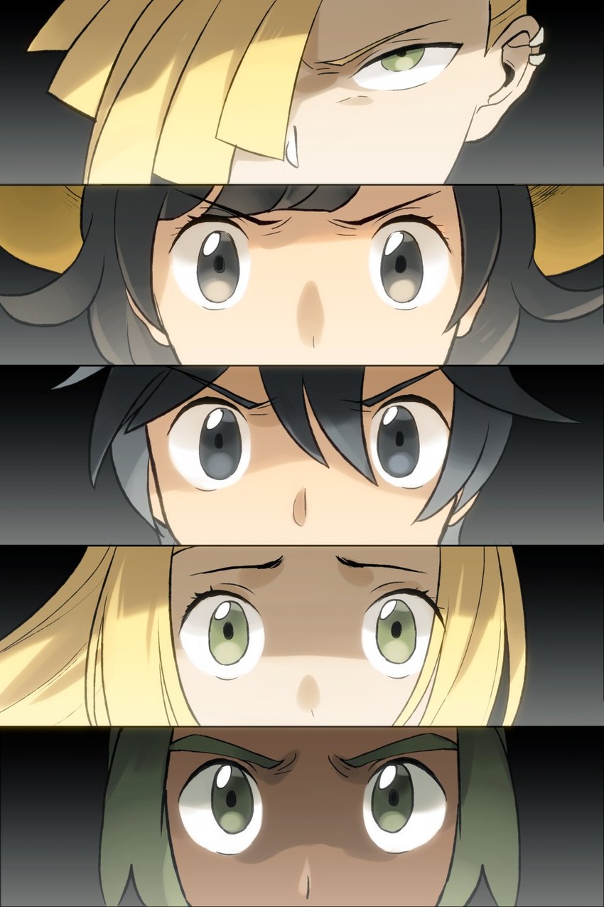 lillie, selene, elio, gladion, and hau (pokemon and 2 more) drawn by story_yin