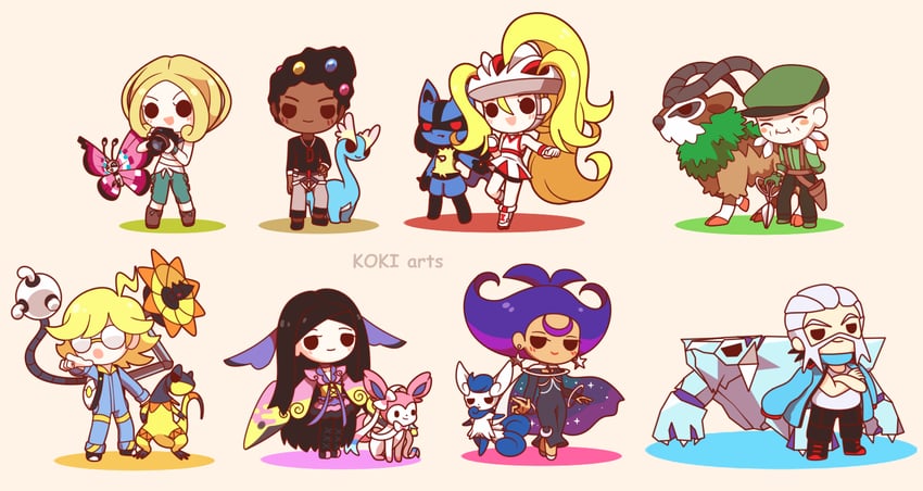lucario, sylveon, clemont, meowstic, korrina, and 11 more (pokemon and 1 more) drawn by koki_arts