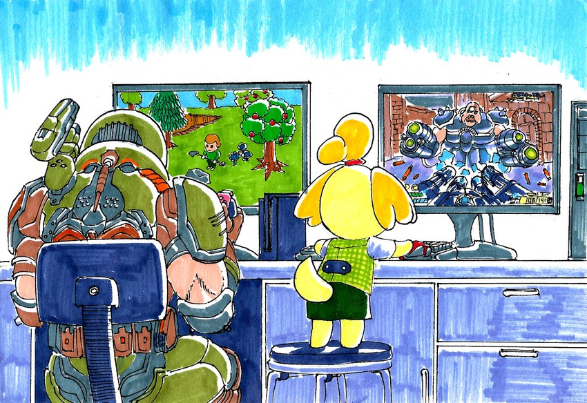 isabelle, villager, doomguy, and mancubus (animal crossing and 2 more) drawn by substance20