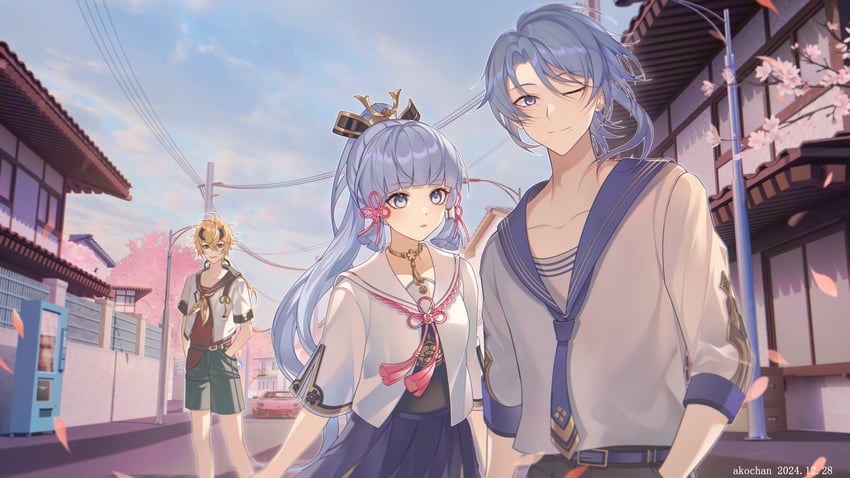 kamisato ayaka, kamisato ayato, and thoma (genshin impact) drawn by akochan