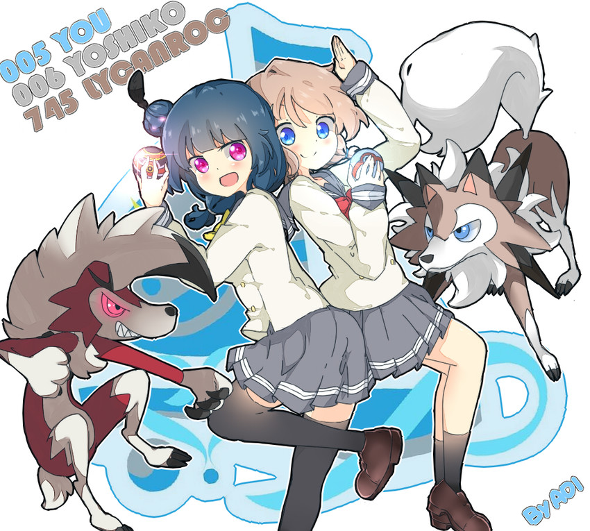 watanabe you, tsushima yoshiko, and lycanroc (pokemon and 2 more) drawn by aoi_(pixiv2498037)