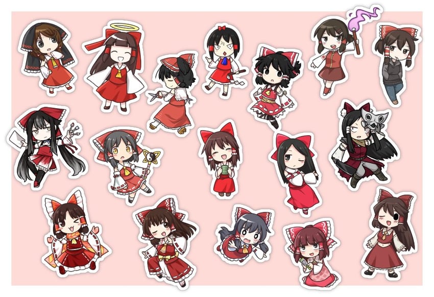 hakurei reimu, benikurage, kanna, reu, sananana, and 13 more (touhou and 1 more) drawn by nekocookie114