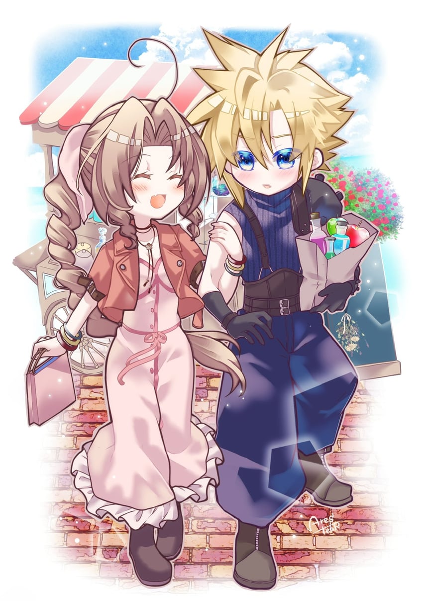 cloud strife and aerith gainsborough (final fantasy and 3 more) drawn by arestear0701