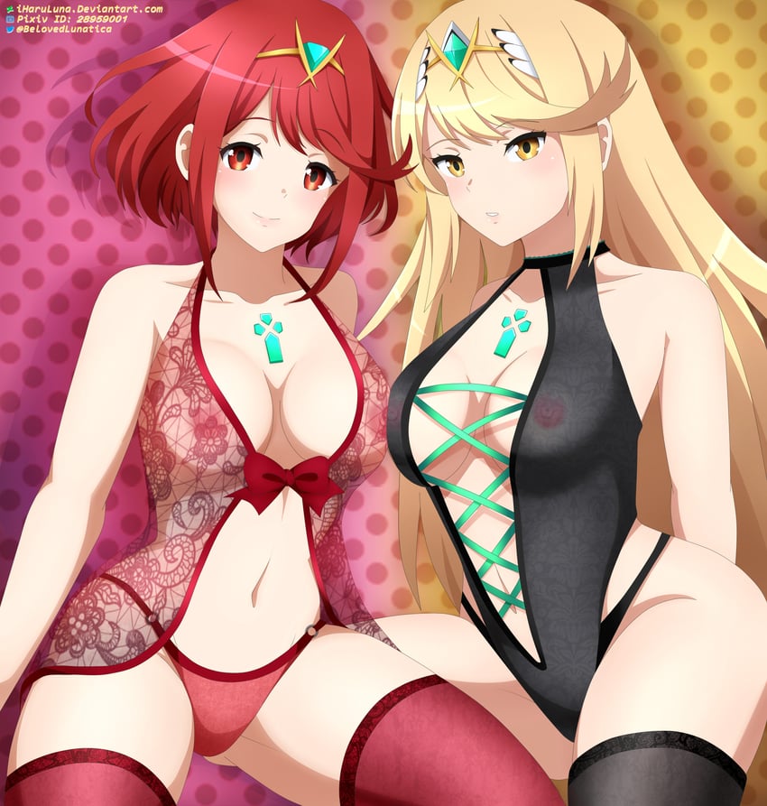 pyra and mythra (xenoblade chronicles and 1 more) drawn by iharuluna