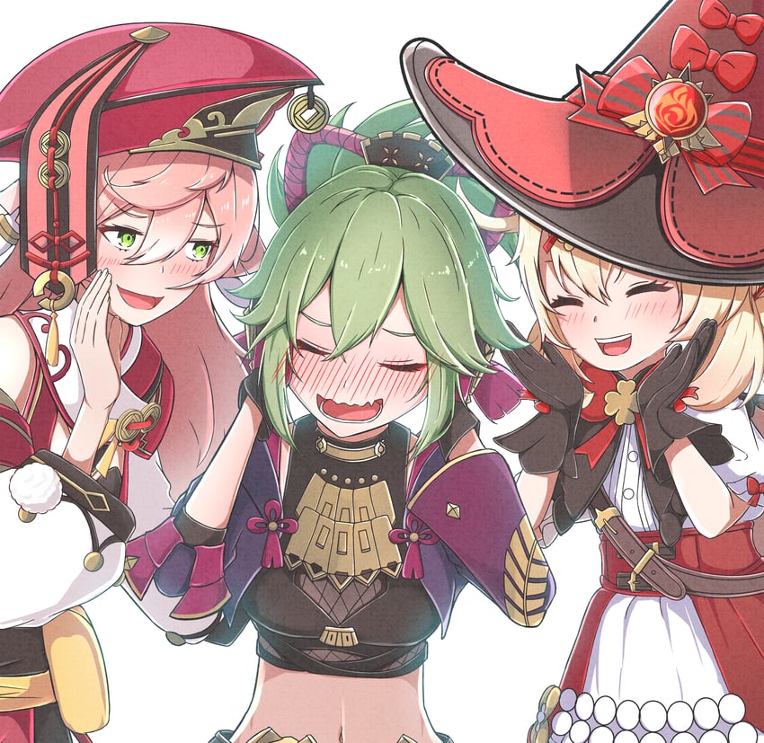 yanfei, kuki shinobu, and klee (genshin impact) drawn by heykenp_12