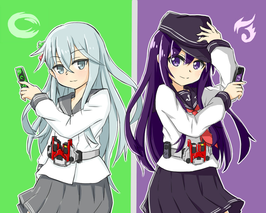 hibiki, akatsuki, verniy, and kamen rider double (kantai collection and 2 more) drawn by kame_rider